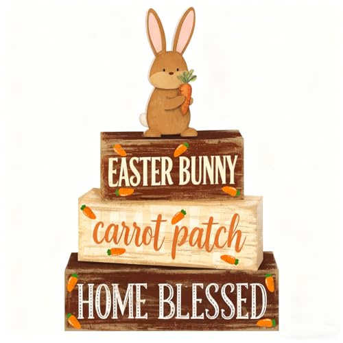 Easter Decorations - Easter Bunny Tiered Tray Decor Set - Wooden Carrot Patch Tabletop Decoration - Rustic Farmhouse Spring Home Decor Indoor for Tiered Tray Shelf Mantel Coffee Table Gift - Spring Home Decor for Living Room, Kitchen Counter - style: Bunn