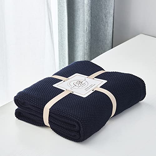 Longhui bedding Dark Navy Blue Cotton Cable Knit Throw Blanket for Couch Sofa Bed, Lightweight Home Decorative Throws, Bonus Laundering Bag, 50“ x 60” Machine Washable - color: Navy Blue, size: 50"x60"