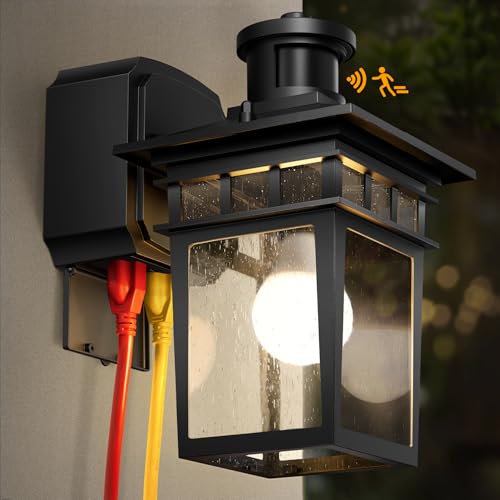 Porch Lights with GFCI Outlet, Motion Sensor Outdoor Wall Light Black | Dusk to Dawn,Anti-Rust,Waterproof Aluminum Frame,Tempered Glass & E26 Socket Exterior Lighting Fixture for House Garage - color: Black, size: 1-Pack-Motion Sensor