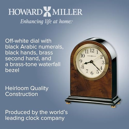 Howard Miller Bedford Tabletop Clock | Walnut Piano Finish, Brass-Tone Bezel, Quartz Movement, Off-White Dial – Home & Office Decor