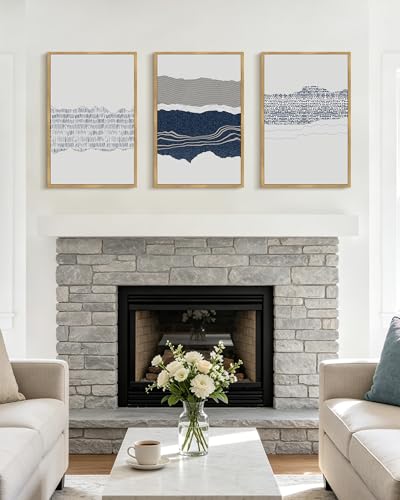 PHOPAGO Navy Blue Abstract Shapes Framed Wall Art 16x24in Natural Frame - color: Cyan Mid Century, size: 24L" x 16W" x 3 Pcs Natural