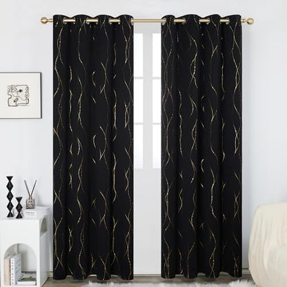 Deconovo Black Out Curtains 84 Inch Long, Curtains for Living Room Bedroom - color: Black/Dots and Line, size: 52"W x 84"L (Pack of 2)