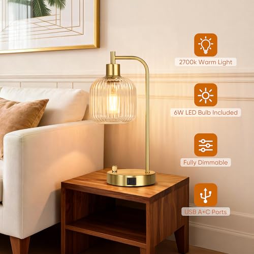 Clear Glass Table Lamps Set of 2, Dimmable Bedside Lamps for Living Room - color: ‎Gold&‎Clear