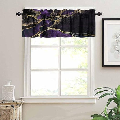 Purple Marble Window Valance, Abstract Modern Luxury Gold Black Cracked Lines Print Blackout Short Curtain Treatment for Home Kitchen Bedroom Living Room Cafe, 54x18inch - color: Marble-23