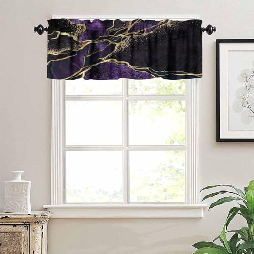 Purple Marble Window Valance, Abstract Modern Luxury Gold Black Cracked Lines Print Blackout Short Curtain Treatment for Home Kitchen Bedroom Living Room Cafe, 54x18inch - color: Marble-23