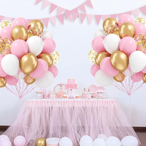 60pcs Pink and Gold Balloons 12inch with Metallic Gold Confetti Balloons - color: Pink White Gold