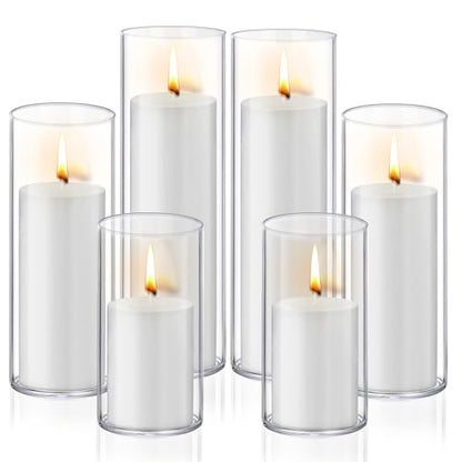 Homjoy 12 PCS White Pillar Candles with Glass Candle Holders Clear Hurricane Candle Holders Glass Cylinder Vases for Centerpieces Wedding Party, Event, Home Office (6 Candles+6 Candle Hoders) - style: 12 PCS White