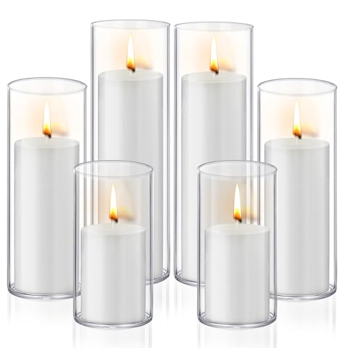 Homjoy 12 PCS White Pillar Candles with Glass Candle Holders Clear Hurricane Candle Holders Glass Cylinder Vases for Centerpieces Wedding Party, Event, Home Office (6 Candles+6 Candle Hoders) - style: 12 PCS White