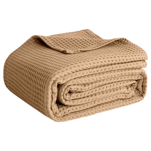 100% Cotton Blankets for Bed - Waffle Weave Blankets for Summer, Lightweight and Breathable Soft Woven Blanket for Spring (Beige, Throw (50" x 60")) - color: Beige, size: Throw (50" x 60")