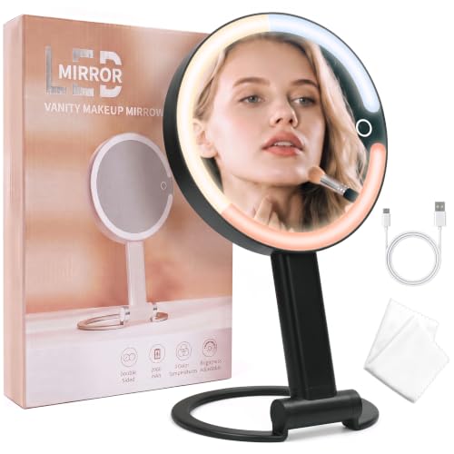 Lighted Makeup Mirror with 3 Color Modes & Dimmable Brightness, 360° Rotation, Double-Sided 1X/30X Magnifying Mirror, Rechargeable Portable Vanity Mirror for Home and Travel, Touch Control - Black - color: Black
