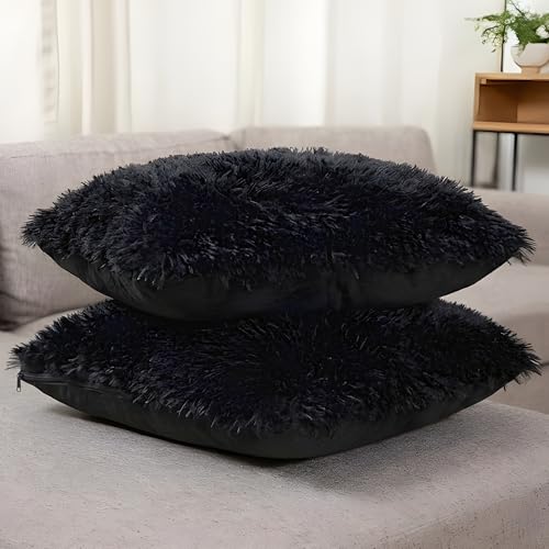 Cheer Collection Throw Pillows for Couch and Bed, Soft Shaggy Throw Pillows with Inserts Included, Cozy Long Hair Faux Fur Pillows - Set of 2-20" x 20" - Black - color: Black, size: 20" x 20"