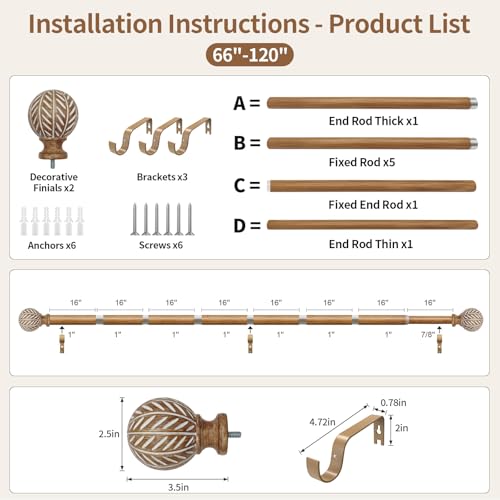 Wood Curtain Rod for Windows 66" to 120" Adjustable Heavy Duty Curtain Rod - size: 66-120"（1 Pack)