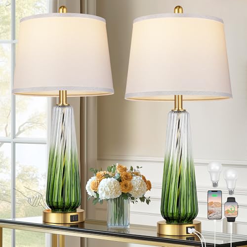Modern Glass Table Lamps Set of 2, 27.5" Bedside Lamp for Bedroom, Green - color: Green