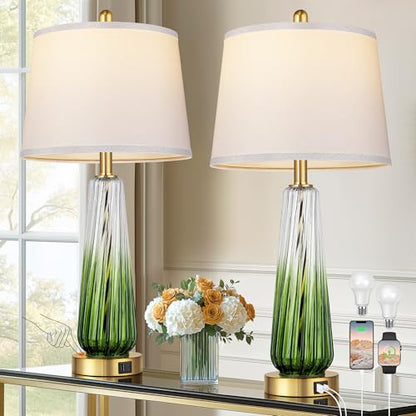 Modern Glass Table Lamps Set of 2, 27.5" Bedside Lamp for Bedroom, Green - color: Green