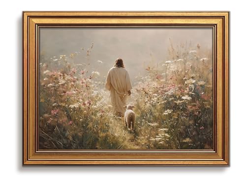 Gold Framed Jesus Wall Art Jesus Leaves The 99 Sheep Pictures 12x16 Inch - color: Jesus, size: 16"L x 12"W