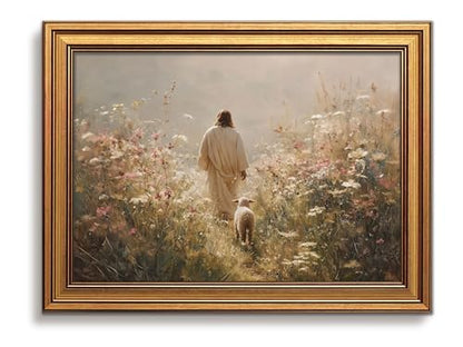Gold Framed Jesus Wall Art Jesus Leaves The 99 Sheep Pictures 12x16 Inch - color: Jesus, size: 16"L x 12"W