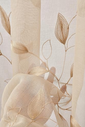Elegant Sheer Curtains with Embroidered Leaf Design Spring Floral Curtains for Bedroom Light Filtering Rod Pocket Window Treatments Decor 2 Panels (Beige, 52inch*84inch(132cm*213cm)) - color: Beige, size: 52"W x 84"L