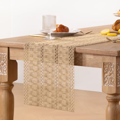 Boho Macrame Table Runner Jute Burlap Small Dresser Runner - color: Burlap Brown, size: 12" × 36"