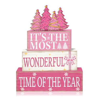 Britimes Pink Christmas Tiered Tray Decor Set, 4 Pack, Wooden Table Sign - style: Christmas Pink Tree