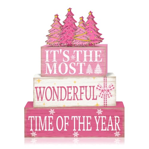 Britimes Pink Christmas Tiered Tray Decor Set, 4 Pack, Wooden Table Sign - style: Christmas Pink Tree