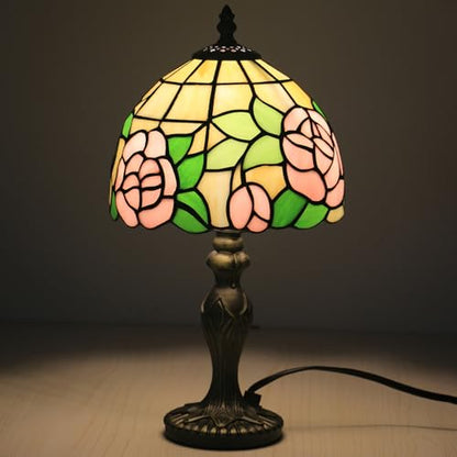 Small Tiffany Table Lamp,3 Color Temperature Pink Rose Stained Glass Table Lamps for Living Room, Dining Room,Bedroom Bedside Nightstand Night Light,W/LED Bulb,8X8X15Inch - color: Pink Rose 8X8X15Inch
