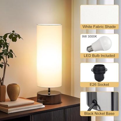 Touch Table Lamp, 3-Way Dimmable Bedside Lamp with Cylinder Fabric Shade - color: White Shade with Black Nickel Base