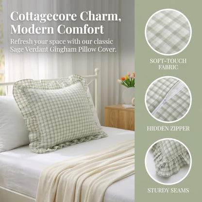 Mywinlle Gingham Ruffle Throw Pillow Shams, Muted Sage Green, 18"x18" - color: Muted Sage Green Gingham, size: 18" x 18" (Pack of 2)