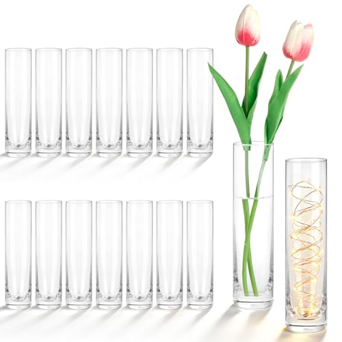 Set of 16 Glass Cylinder Bud Vases for Centerpieces, 7.5”H x 1.8”W