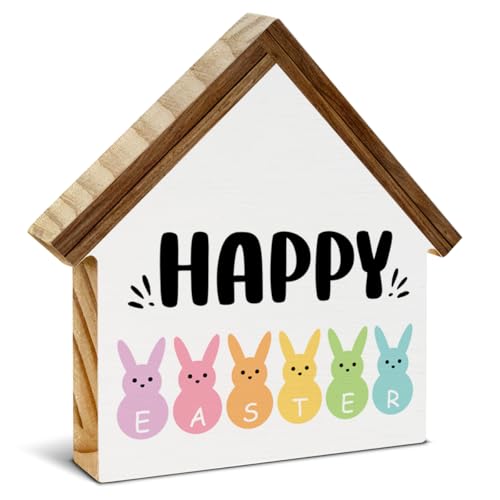 Easter Decor, Happy Easter House Shaped Wood Block Sign - color: HAPPY