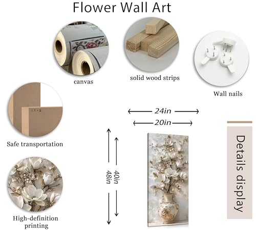 Large White Floral Canvas Wall Art Gold Vase Flower Painting Picture Wall Decor Flowers Botanical Poster Print Artwork for Living Room Bedroom Hallway Office - color: White flowers, size: 48"L x 24"W