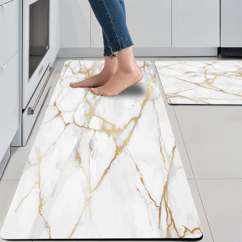 Mrcrypos Gold White Kitchen Rugs Cushioned Anti Fatigue 2 PCS Marble - color: White Marble, size: 17" W x 29" L + 17" W x 47" L