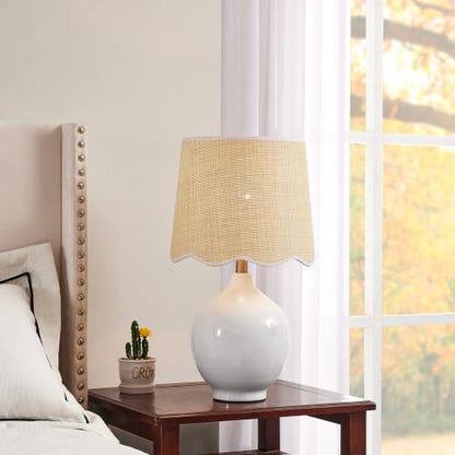 21"H Ceramic White Table Lamp with Beige Faux Rattan Drum Shade - color: Ceramic White