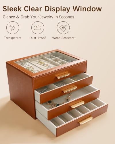 Homeanda Jewelry Boxes Organizer with Glass Lid, 4-Layer PU Leather, Brown - color: Brown, size: 4 Layer