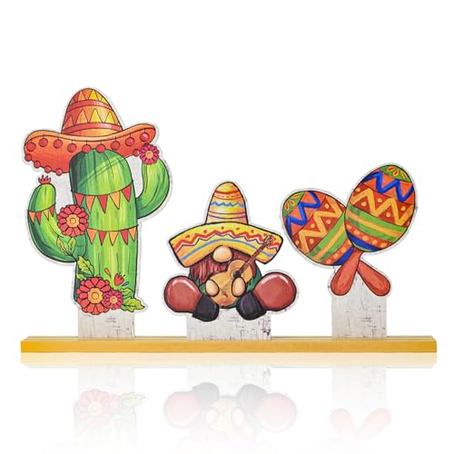 Smile Cinco De Mayo Standing Wooden Decor Set, 3-Piece Mexican Fiesta Wooden Cutouts (Cactus, Gnome, Maraca) for Tabletop & Party Display - style: Mexico