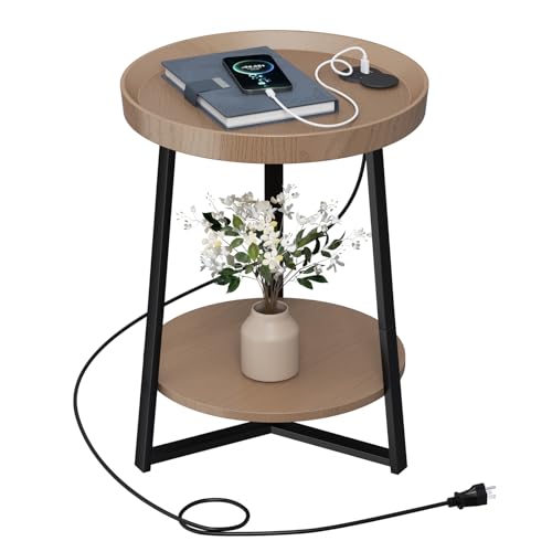 Gadroad Round End Table with Charging Station, Walnut Color - color: Walnut, size: 15.75"D x 15.75"W x 23"H (with Charging Station)