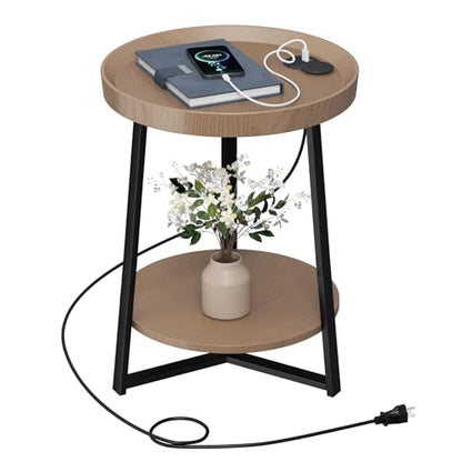 Gadroad Round End Table with Charging Station, Walnut Color - color: Walnut, size: 15.75"D x 15.75"W x 23"H (with Charging Station)