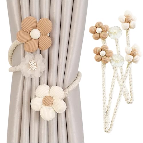 Rope Curtain Tiebacks, 2 Pack Window Curtain Treatment Holdbacks Tie Back Holders with Weave Twist Rope for Home Bedroom Office Indoor & Outdoor Elegant Decorative Boho Flower Cream Beige - color: Beige+bworn(non-magnetic Attraction)