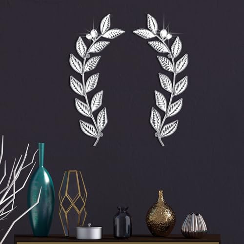 Knitgrip 2 Pcs Silver Metal Leaf Wall Decor Modern Minimalist Leaf Wall Art Bling Home Decoration Classic Hanging Tree Branch Wall Sculptures for Home Living Room Bedroom Bathroom