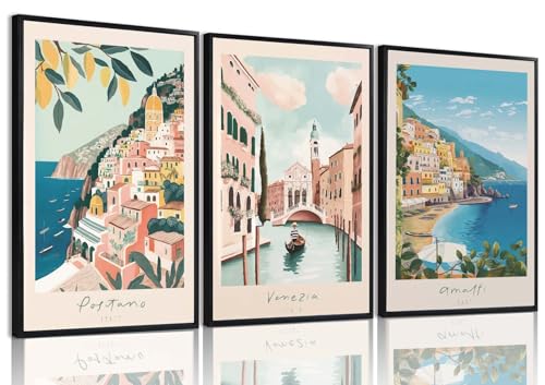 XLARTMY Italy Amalfi Coast Travel Posters Wall Art Canvas Decor City Landscape Blue Venice Coast Painting Beach Modern Artwork for Living Room Bedroom Bathroom Office Set of 3 12x16in Unframed - color: Travel Coast, size: 12x16in Poster