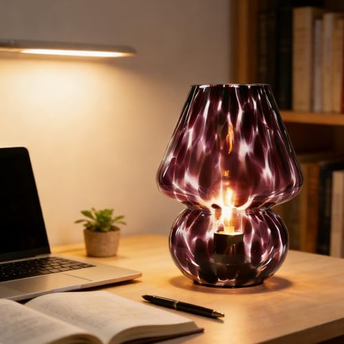 AOMOONOA Glass Mushroom Lamp, Small Purple Mushroom Desk Lamp with LED Bulb - color: Purple