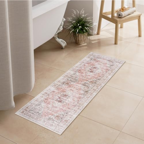 Uphome Bathroom Rugs Runner, Distressed Farmhouse Boho Blush Pink Bath Mat, Non Slip Washable Long Bath Rugs, Vintage Traditonal Soft Bathroom Runner for Bathtub Sink Shower, 18x47 inch - color: Blush Pink, size: 18 x 47 inch (Rectangular)