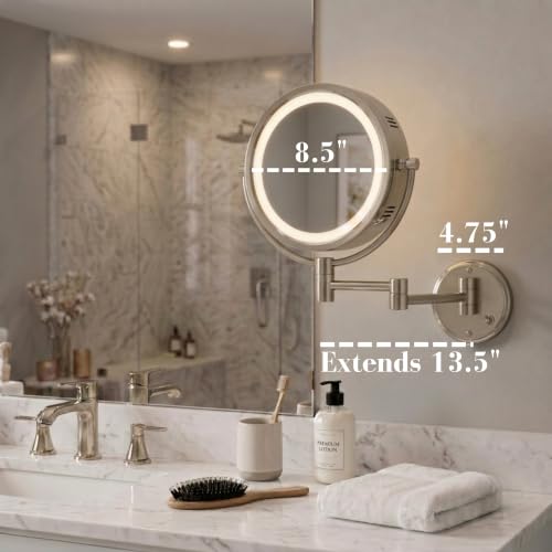 JERDON Hardwired Wall-Mount Makeup Mirror - 8X/1X - Nickel - HL88NLD - color: Nickel Direct Wire