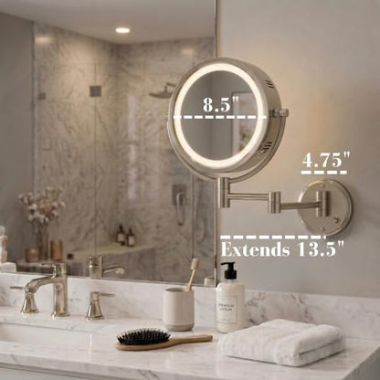 JERDON Hardwired Wall-Mount Makeup Mirror - 8X/1X - Nickel - HL88NLD - color: Nickel Direct Wire