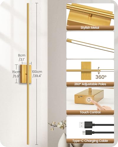39.4" Wireless Battery Operated Wall Sconces Set of 2, Modern Rechargeable Lamp with Remote, 360° Rotation, 10000mAh, Touch Dimmable Lights for Bedroom, Living Room, Hallway, Gold D07YBP205 - color: Gold, size: 39.4 Inches
