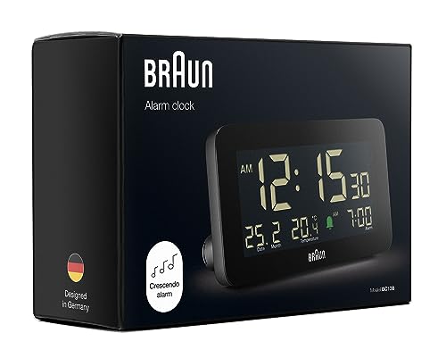 Braun Digital Alarm Clock with Date, Month and Temperature Displayed, Negative LCD Display, Quick Set, Crescendo Beep Alarm in Black, Model BC10B (1-Pack) - color: Black