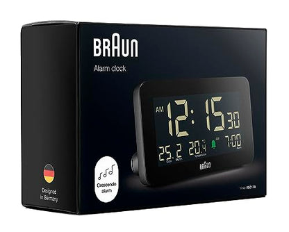Braun Digital Alarm Clock with Date, Month and Temperature Displayed, Negative LCD Display, Quick Set, Crescendo Beep Alarm in Black, Model BC10B (1-Pack) - color: Black
