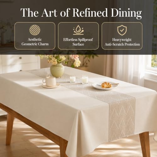 Rectangle Linen Tablecloth Waterproof Spillproof Cloth, 55x134 Inch - color: Beige Bd, size: 55"x134"fits 12 seats (table length 110"-116")