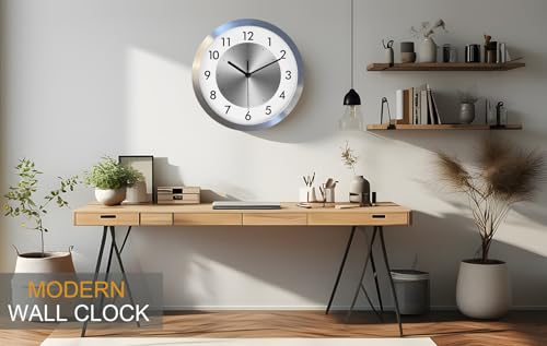 Modern Silent Non Ticking Wall Clock Battery Operated for Kitchen,12in | Silver Metal Wall Clock for Living Room Decor,Home Office Bedroom