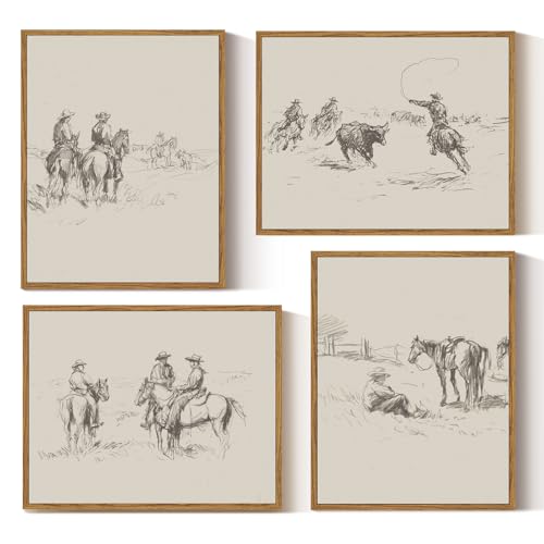 InSimSea 4 pcs Framed Wall Art, Vintage Sketch Western Cowboy Canvas Prints, Bathroom Bedroom Southwest Decor, Neutral Toned, Country Shelf Decor, Small Size,11x14in - color: Western Cowboy Sketch