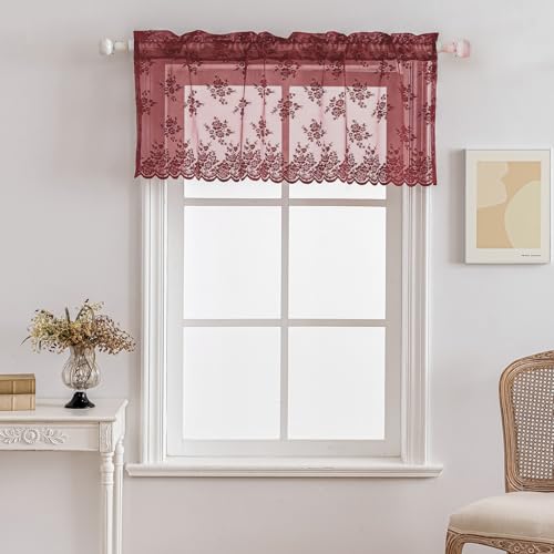 Kotile Burgundy Lace Valance for Windows Rustic Floral W52xL18 Inch 1 Panel - color: Burgundy